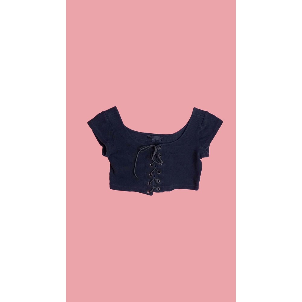 1990s BETSEY JOHNSON Black CROP Top W/Grommet & Suede Tie. XS-S. AS IS. DAMAGED